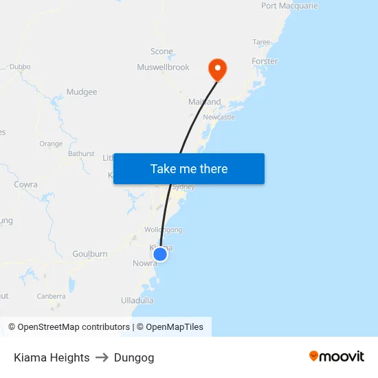 Kiama Heights to Dungog map