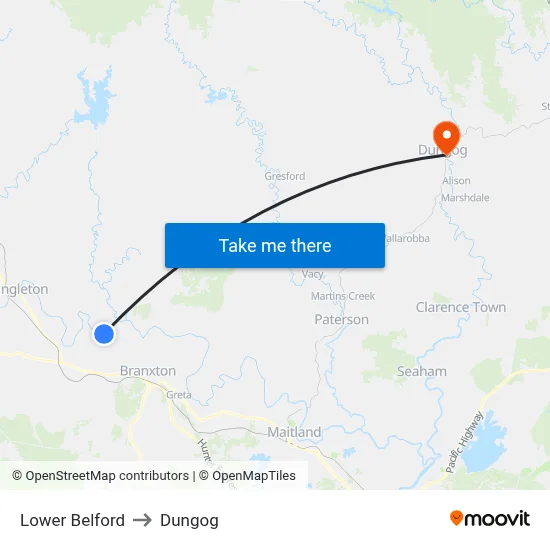 Lower Belford to Dungog map