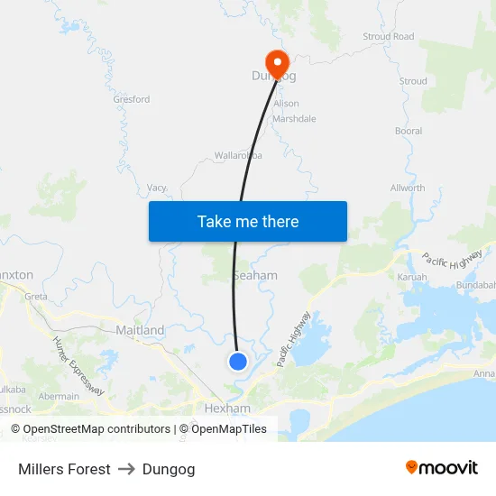 Millers Forest to Dungog map