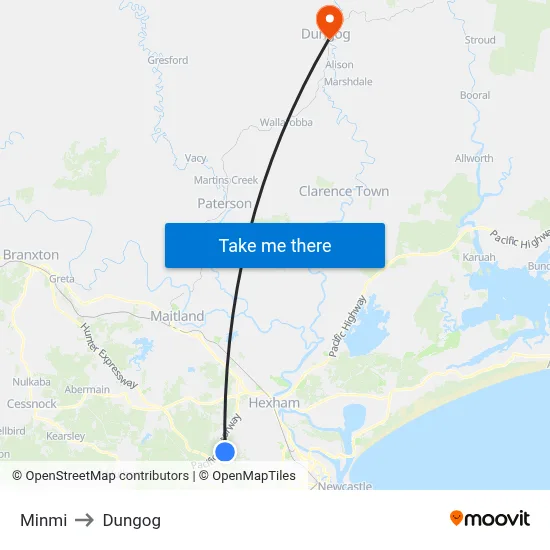 Minmi to Dungog map