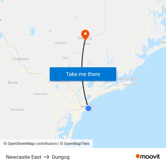 Newcastle East to Dungog map