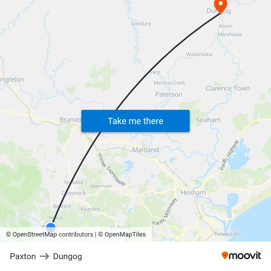 Paxton to Dungog map