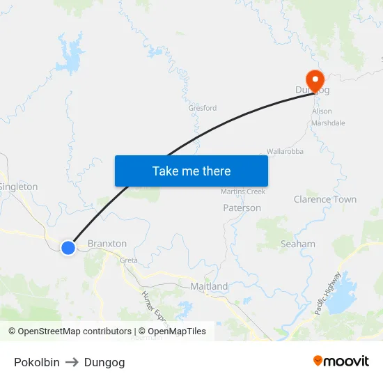 Pokolbin to Dungog map