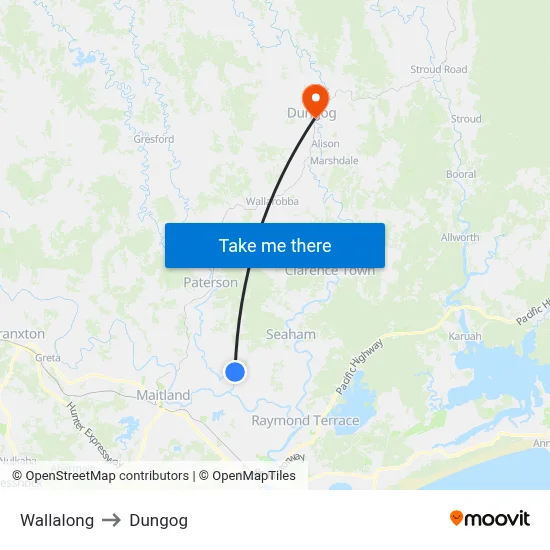 Wallalong to Dungog map