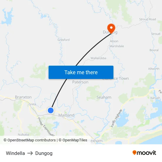Windella to Dungog map