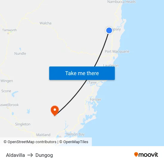 Aldavilla to Dungog map
