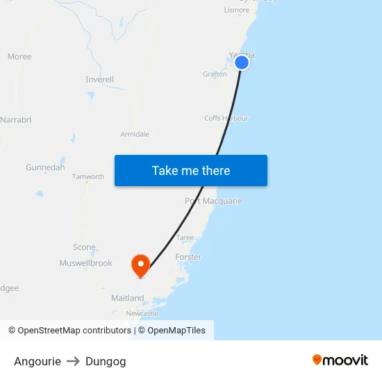 Angourie to Dungog map