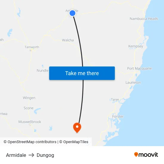 Armidale to Dungog map