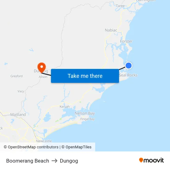 Boomerang Beach to Dungog map