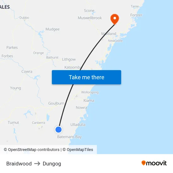 Braidwood to Dungog map