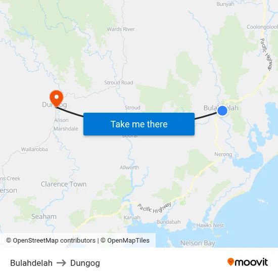 Bulahdelah to Dungog map