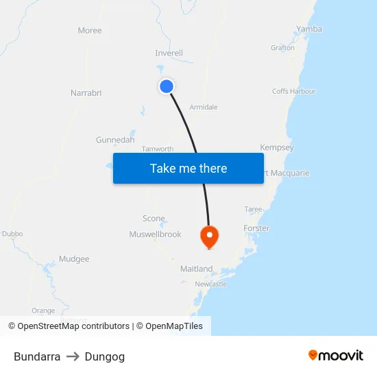 Bundarra to Dungog map