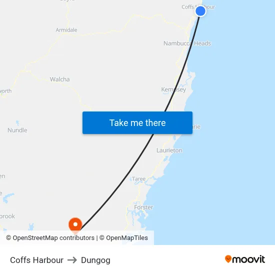 Coffs Harbour to Dungog map