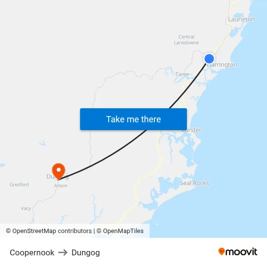 Coopernook to Dungog map
