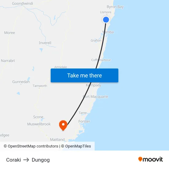 Coraki to Dungog map