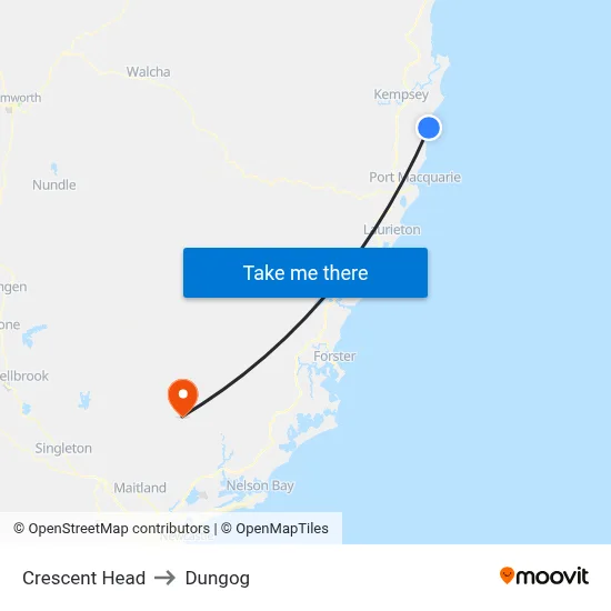 Crescent Head to Dungog map