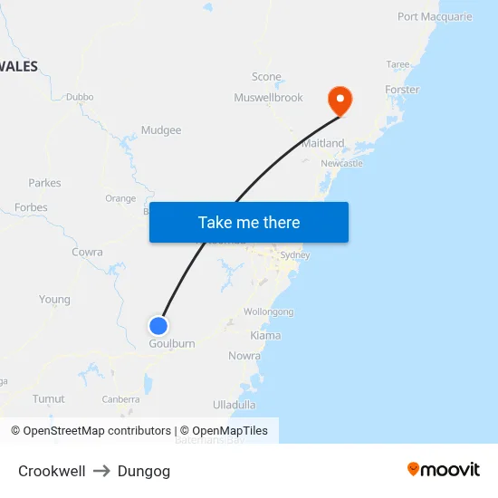 Crookwell to Dungog map