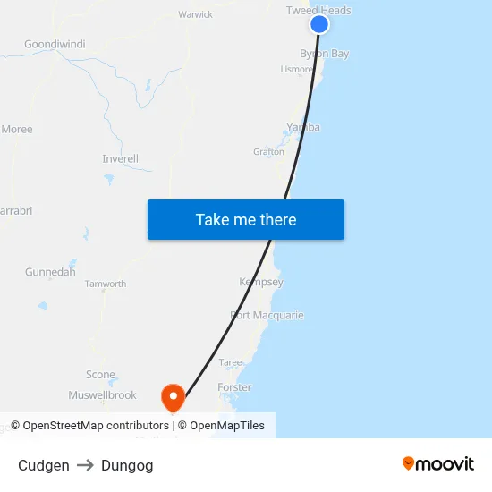 Cudgen to Dungog map