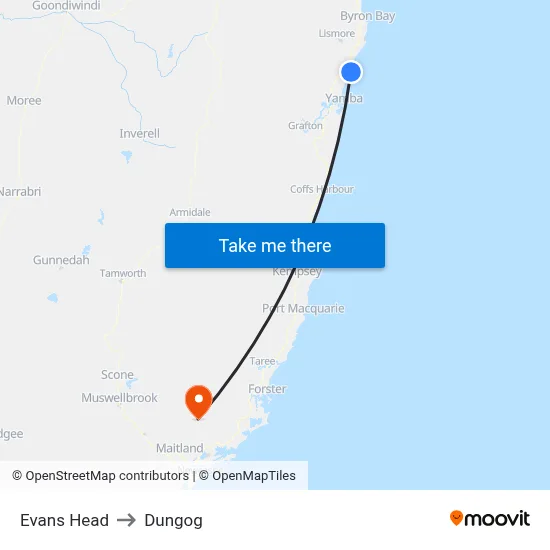 Evans Head to Dungog map