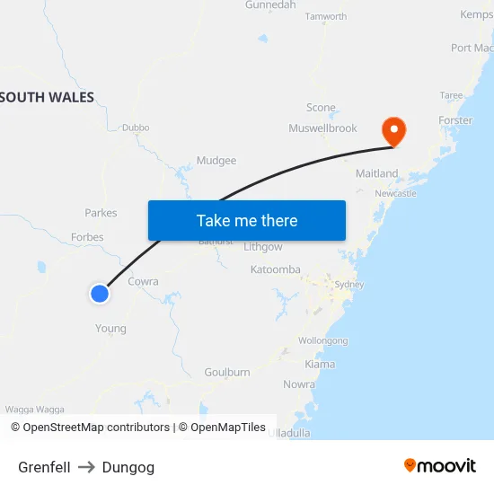 Grenfell to Dungog map