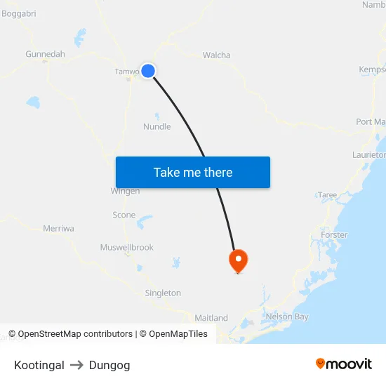 Kootingal to Dungog map