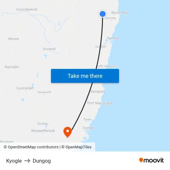 Kyogle to Dungog map