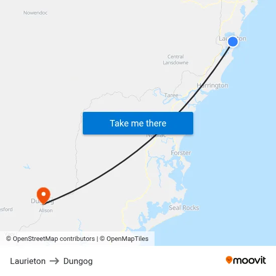 Laurieton to Dungog map