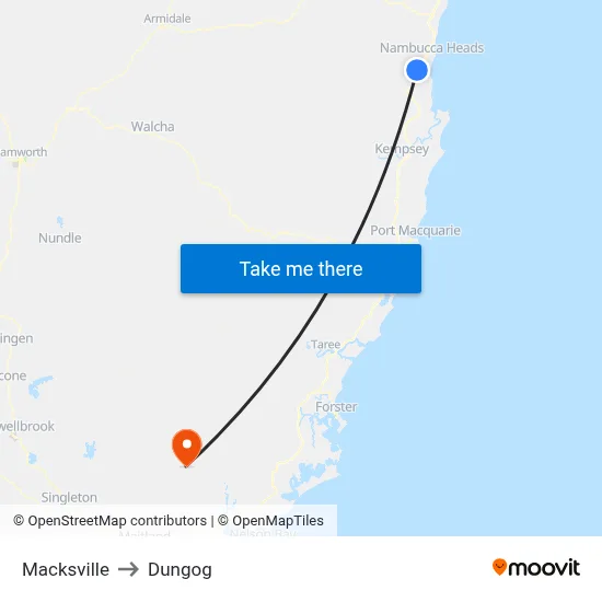 Macksville to Dungog map