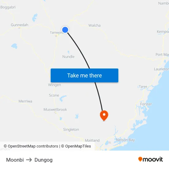 Moonbi to Dungog map