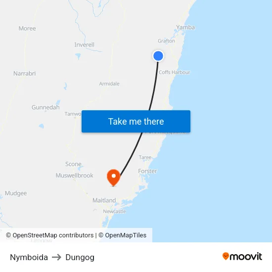 Nymboida to Dungog map
