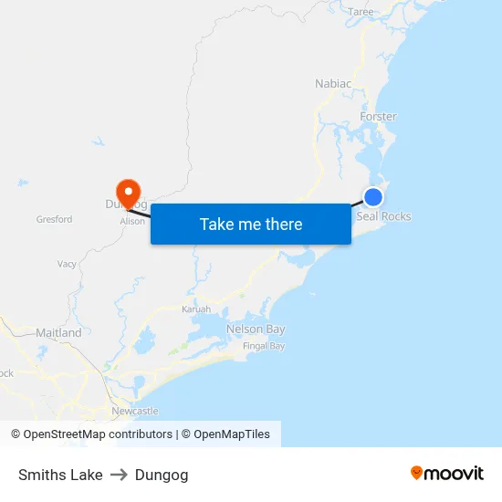 Smiths Lake to Dungog map