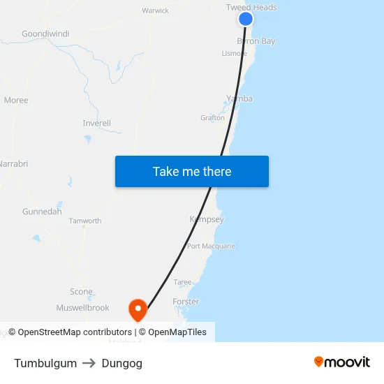 Tumbulgum to Dungog map