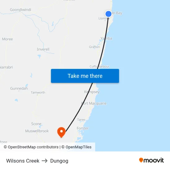 Wilsons Creek to Dungog map