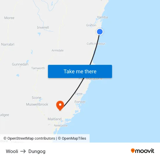 Wooli to Dungog map