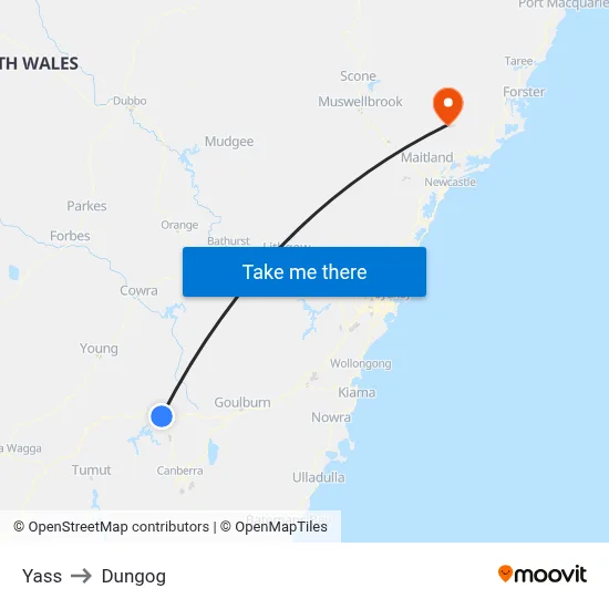 Yass to Dungog map