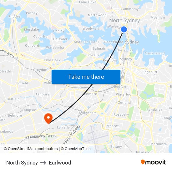 North Sydney to Earlwood map