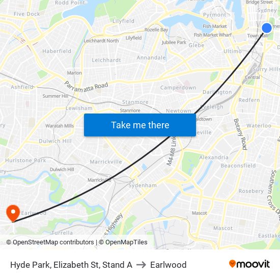 Hyde Park, Elizabeth St, Stand A to Earlwood map