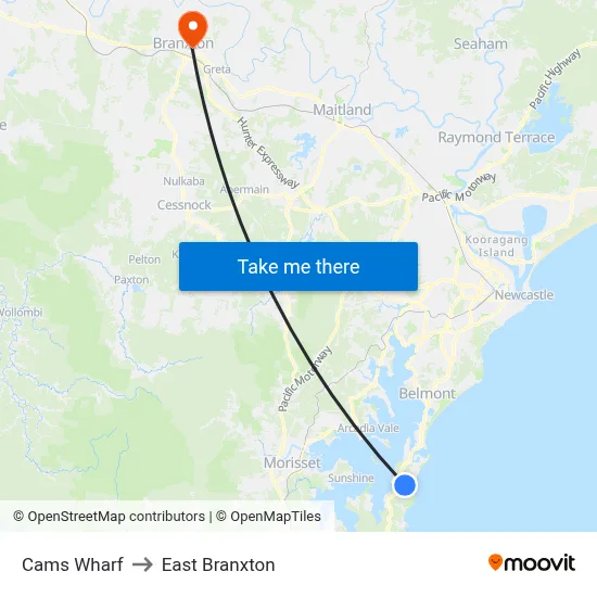 Cams Wharf to East Branxton map