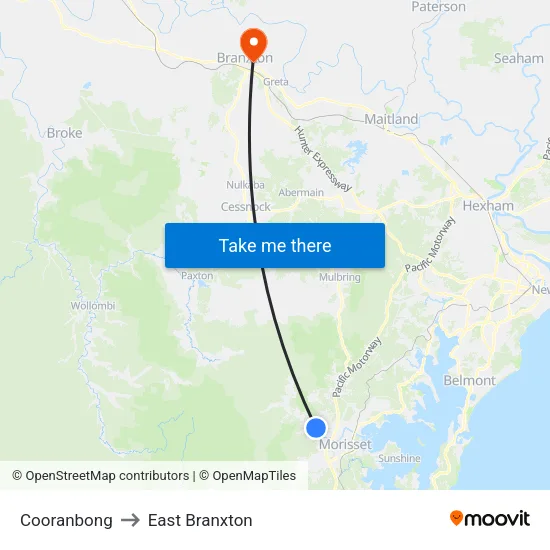 Cooranbong to East Branxton map