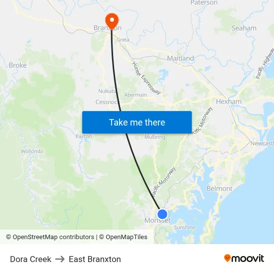 Dora Creek to East Branxton map
