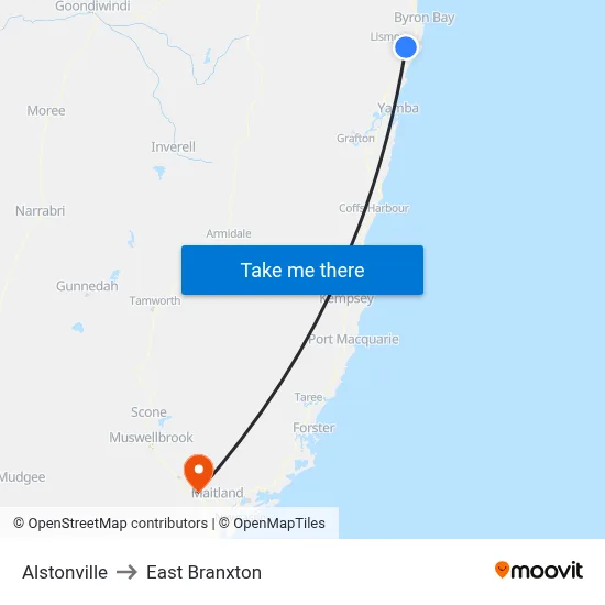 Alstonville to East Branxton map