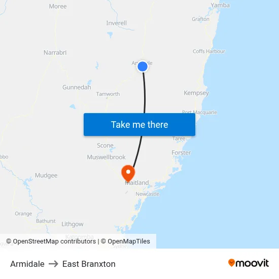 Armidale to East Branxton map