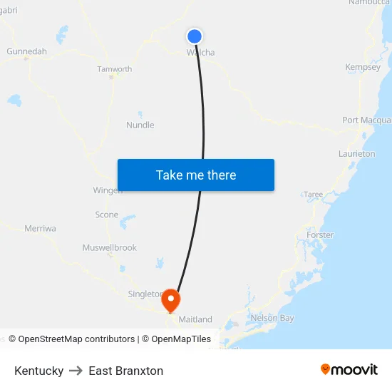 Kentucky to East Branxton map