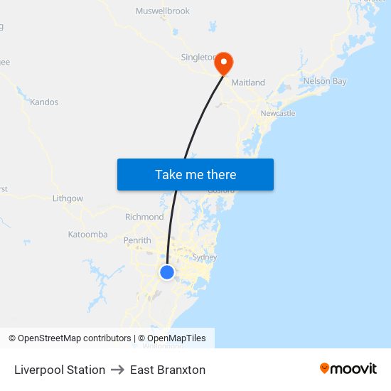 Liverpool Station to East Branxton map