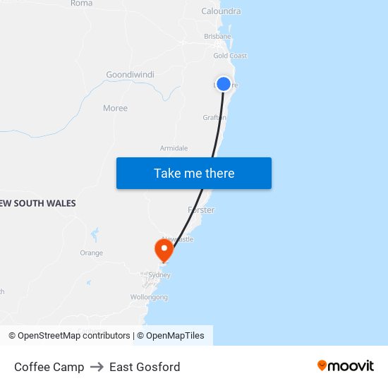Coffee Camp to East Gosford map