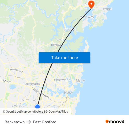 Bankstown to East Gosford map