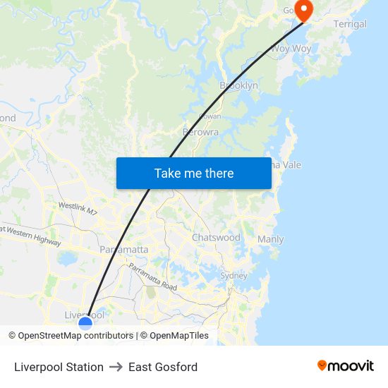 Liverpool Station to East Gosford map