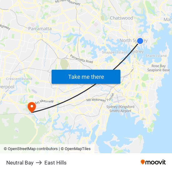 Neutral Bay to East Hills map