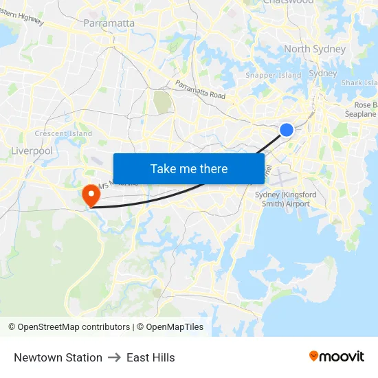 Newtown Station to East Hills map