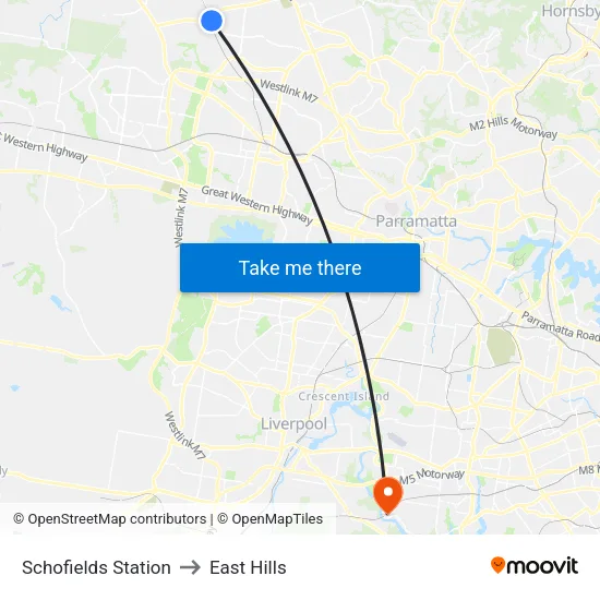 Schofields Station to East Hills map